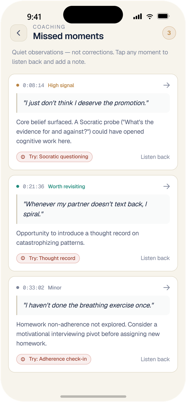 Missed moments coaching cards with signal levels