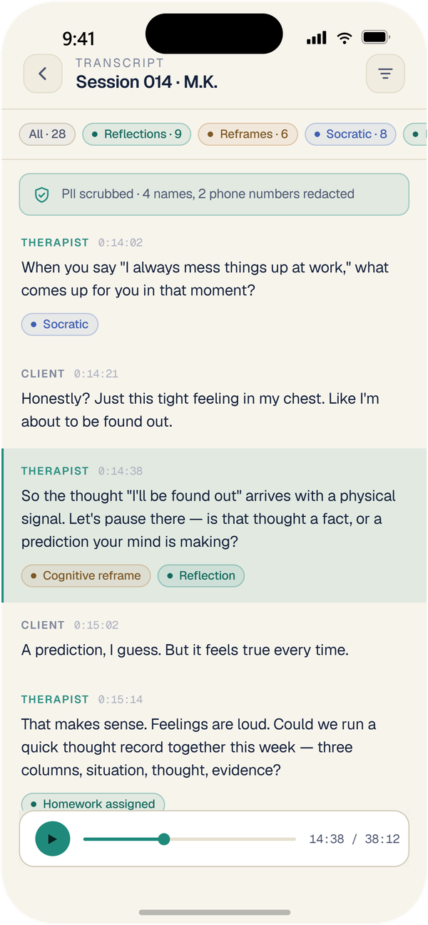 Annotated transcript with technique pills